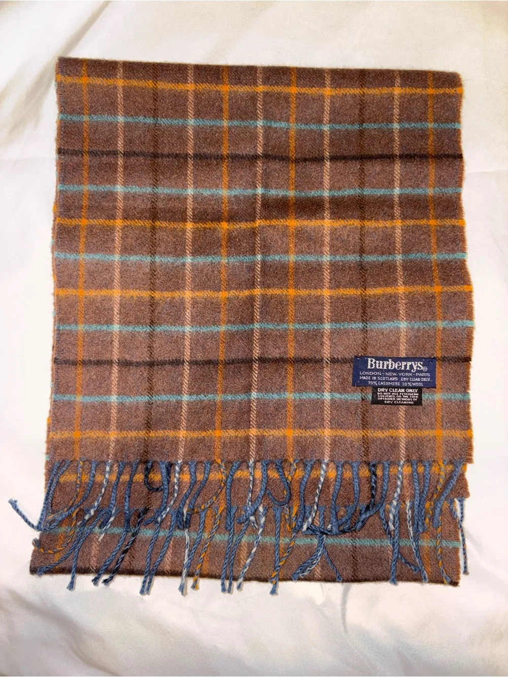 Vintage Burberry Scarf Cashmere Plaid blue and browns Burberrys
